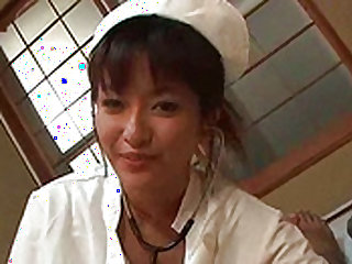 Beauty japanese nurse with cute smile is sucking erection